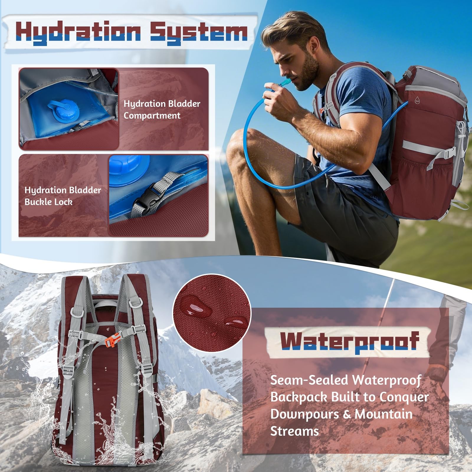 Foldable Hiking Backpack 40L Packable Camping Waterproof Daypack Red Bag 3