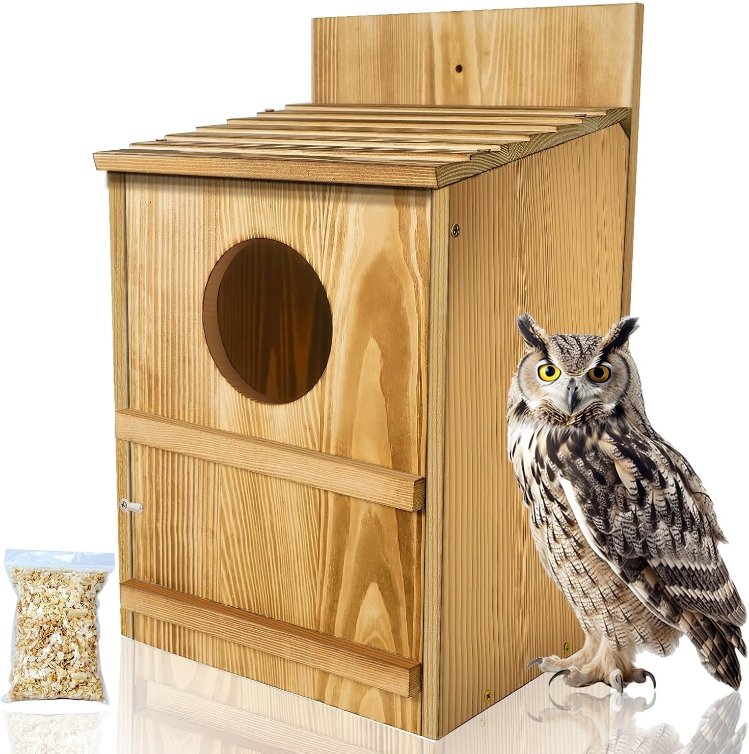 Large Wooden Owl Nesting Box with Circular Opening Cedar Outdoor Bird House gallery