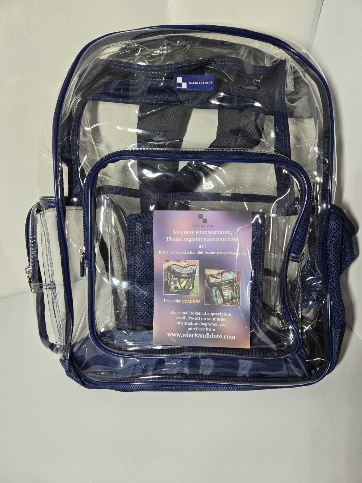 Wlack And Bhite Clear Stadium Backpack With Blue Trim