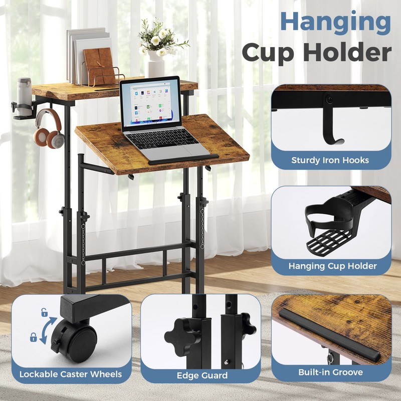 Dual Desktop Height Adjust Rolling Desk w/Cup Holder&Hook,Stand Computer Table gallery