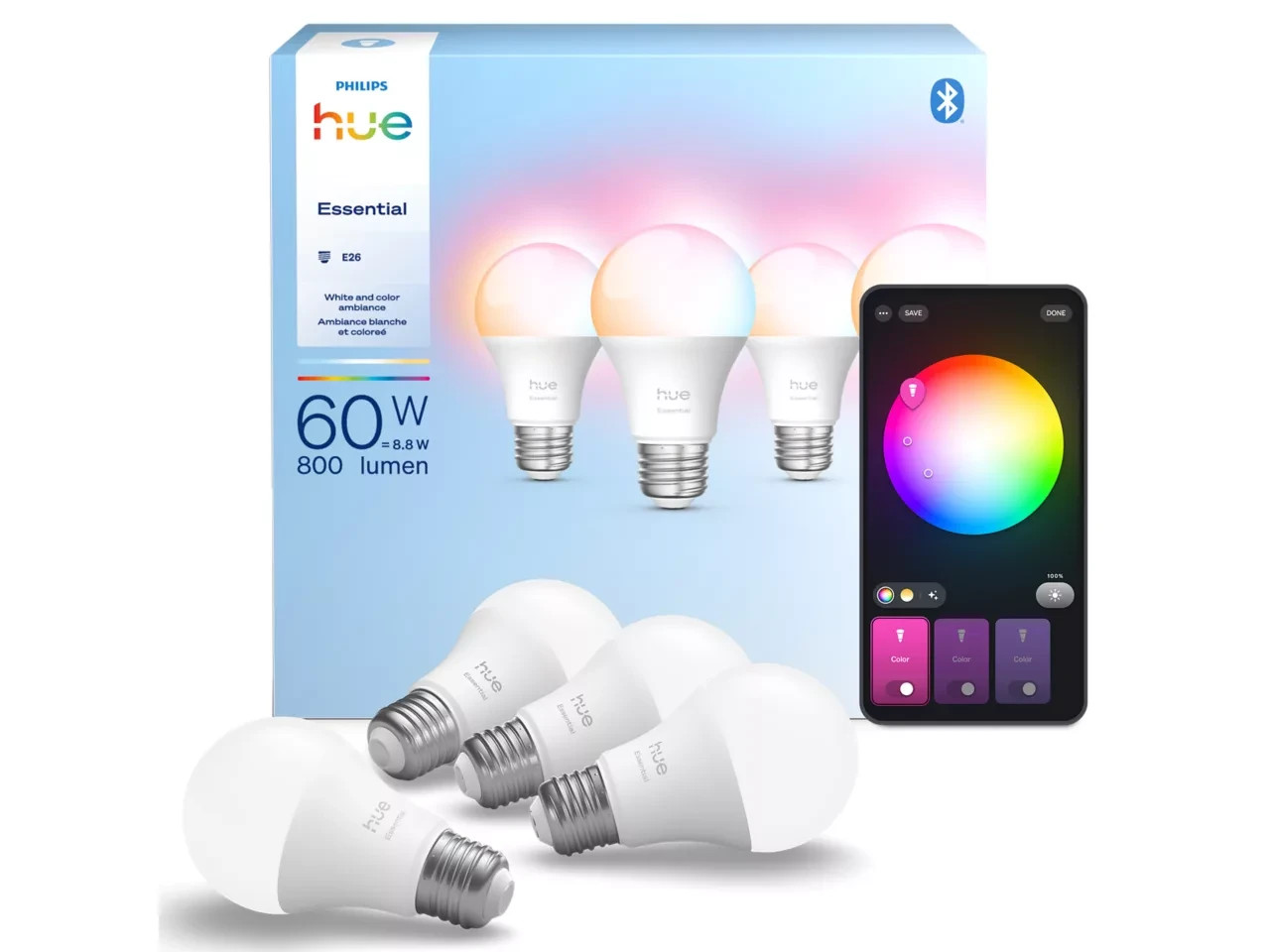 Philips Hue Essential A19 E26 Smart Bulb 800lm 8.8W 4-Pack Color gallery