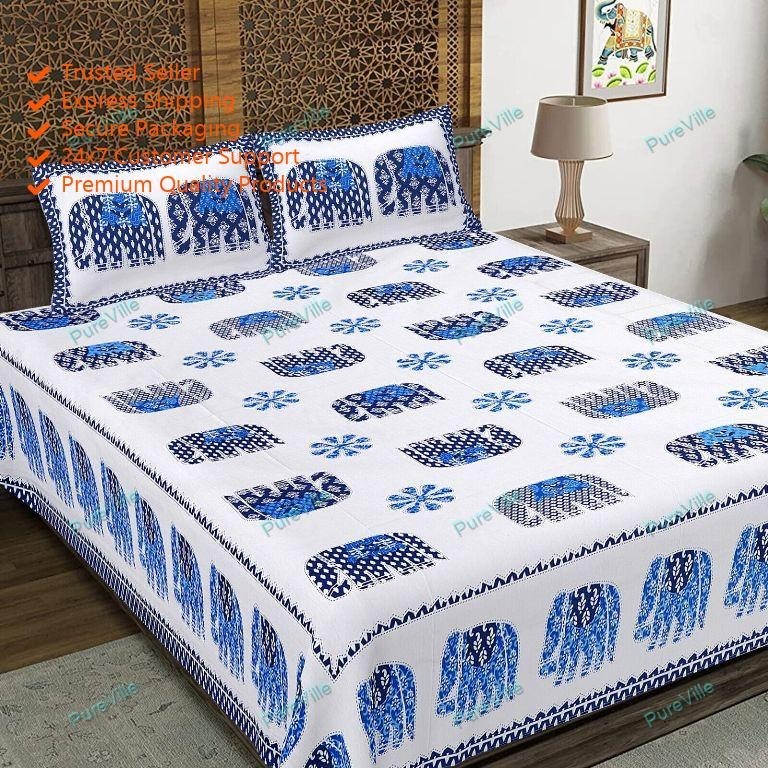 Indian Cotton Bedsheet With 2 Pillow Cover Indian Buti Design Double Sheet gallery