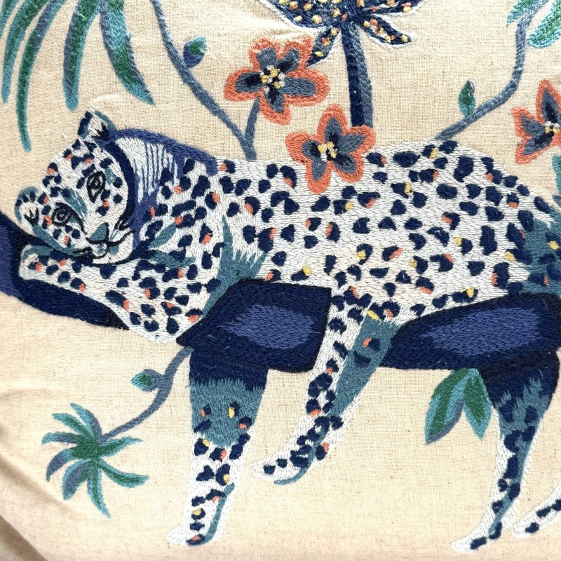 Opalhouse Embroidered Blue Leopard Throw Pillow Linen Tassels Palm Trees Jungle gallery