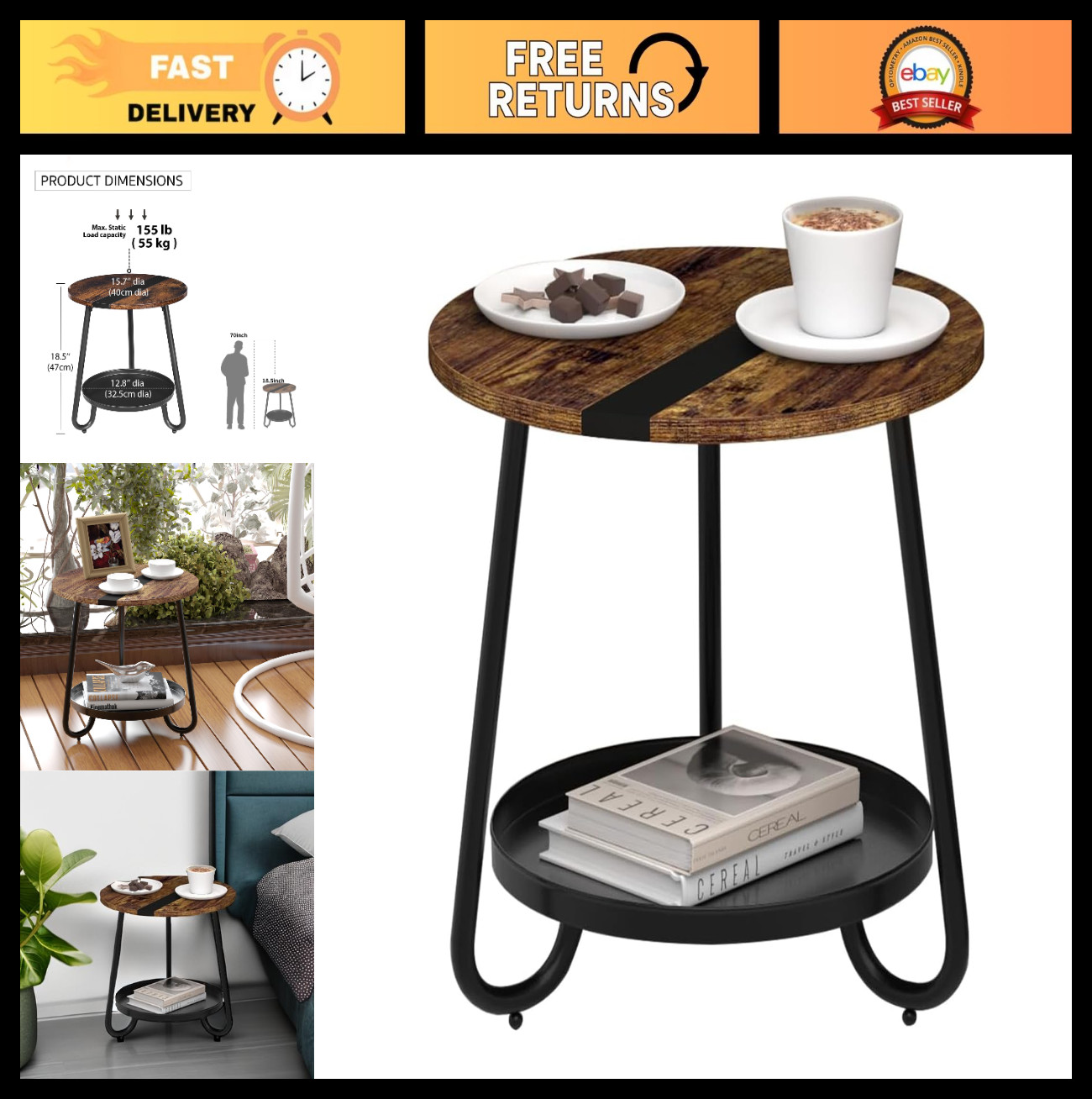 2 Tier Round Coffee Table - Industrial Style Wood & Metal, Rustic Brown for Livi gallery