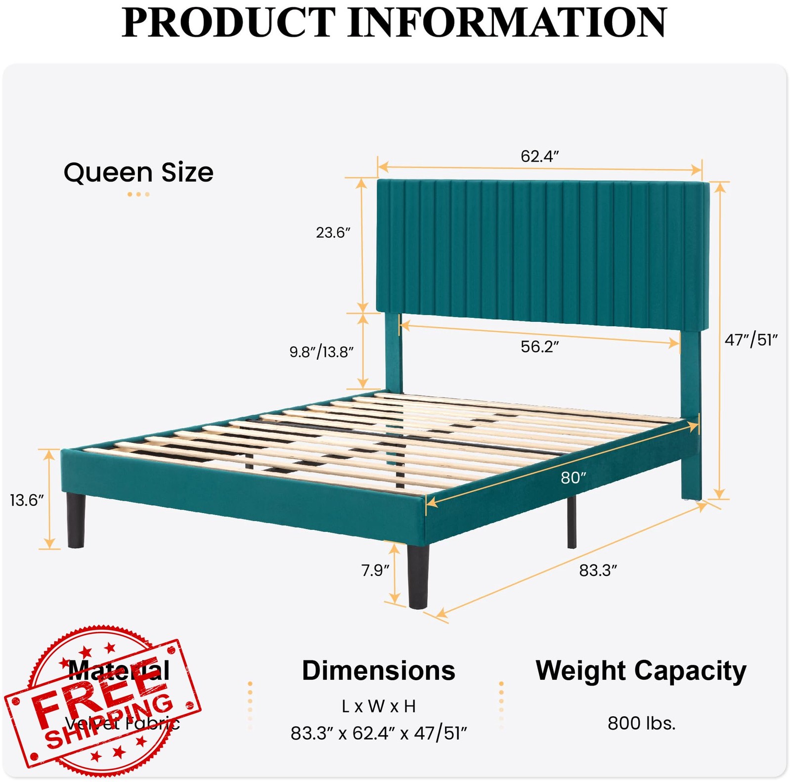 SHA CERLIN Queen Bed Frame Teal Velvet gallery