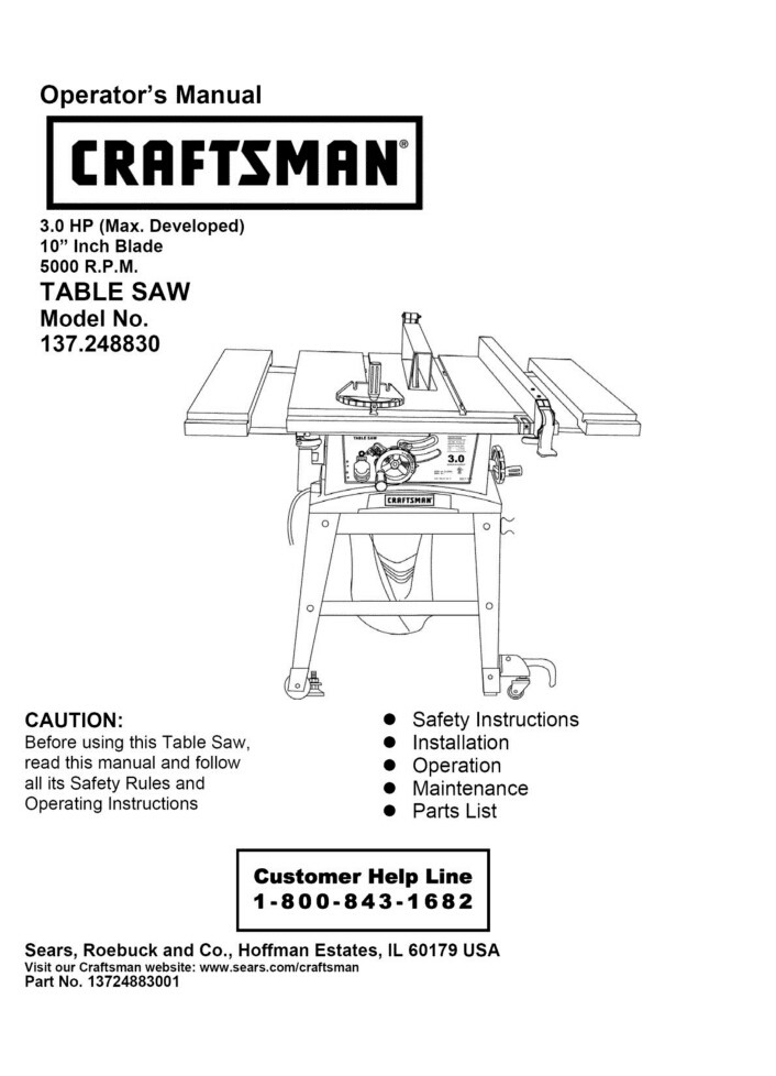 Craftsman 137.248830 Table Saw Owners Instruction Manual gallery