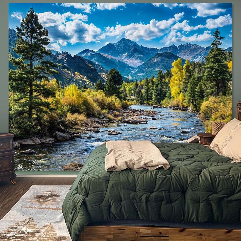 Forest Tapestry, Mountain Pine Trees, River Landscape, Wall Hanging, Multicolor gallery