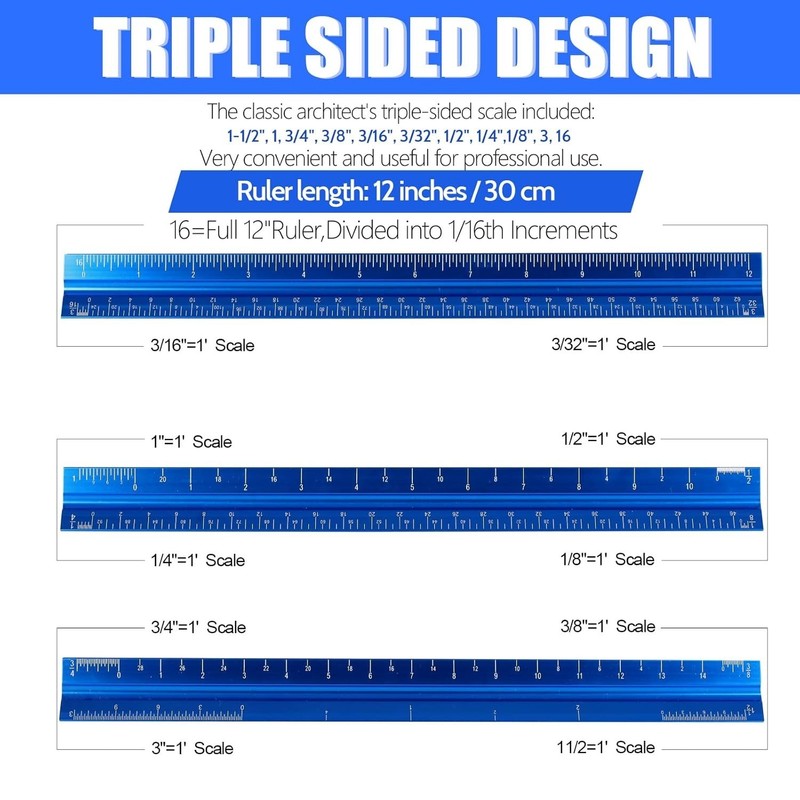 12" Architectural Scale Ruler, Aluminum Scale, Triangular Ruler, Scale Ruler for gallery