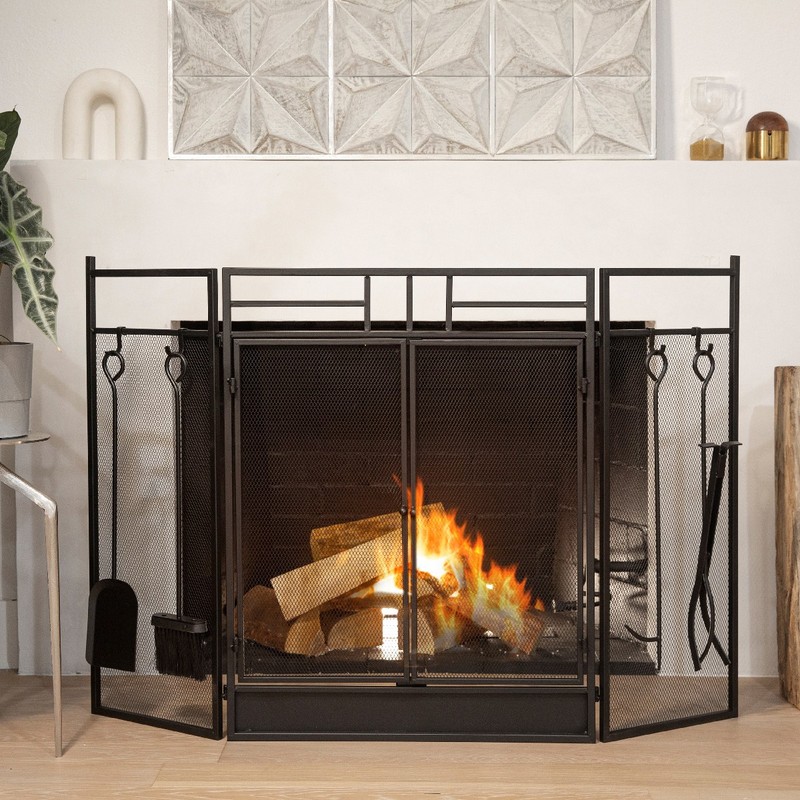 Barton 3-Panel Fireplace Screen Doors Guard With 4-Pieces Fireplace Tools Panels gallery