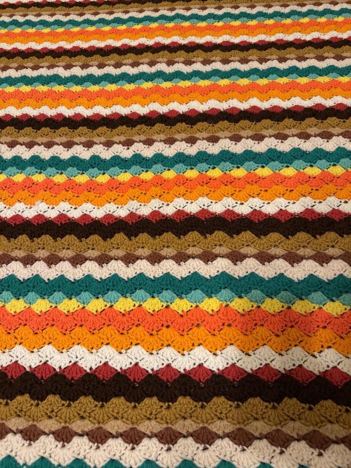 Crochet Afghan Throw Blanket Chevron Stripes 80”x63” VTG Handmade Fall Colors gallery