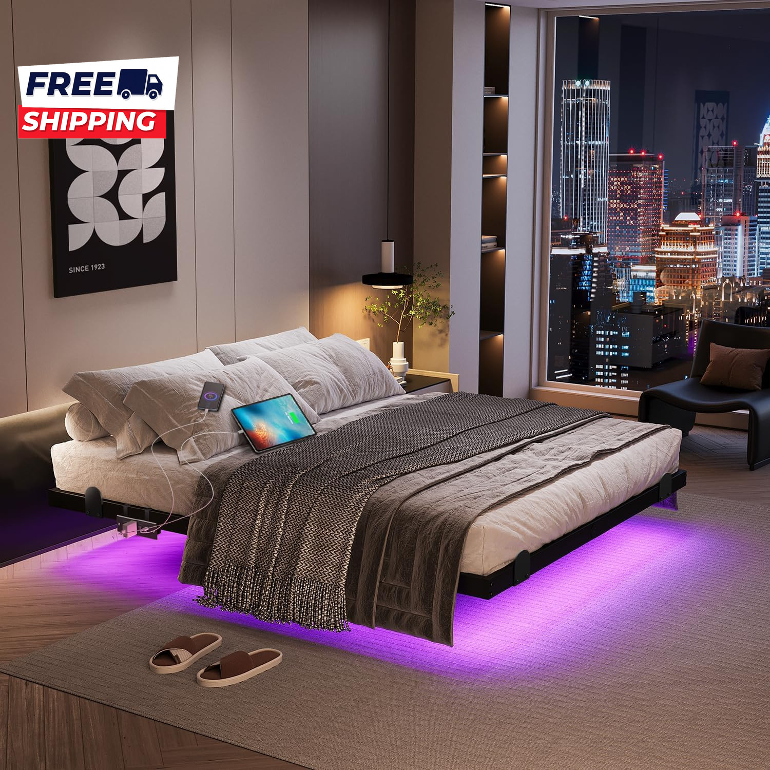 Floating Bed Frame with LED Lights and Charging Station 14 Inch King Size gallery