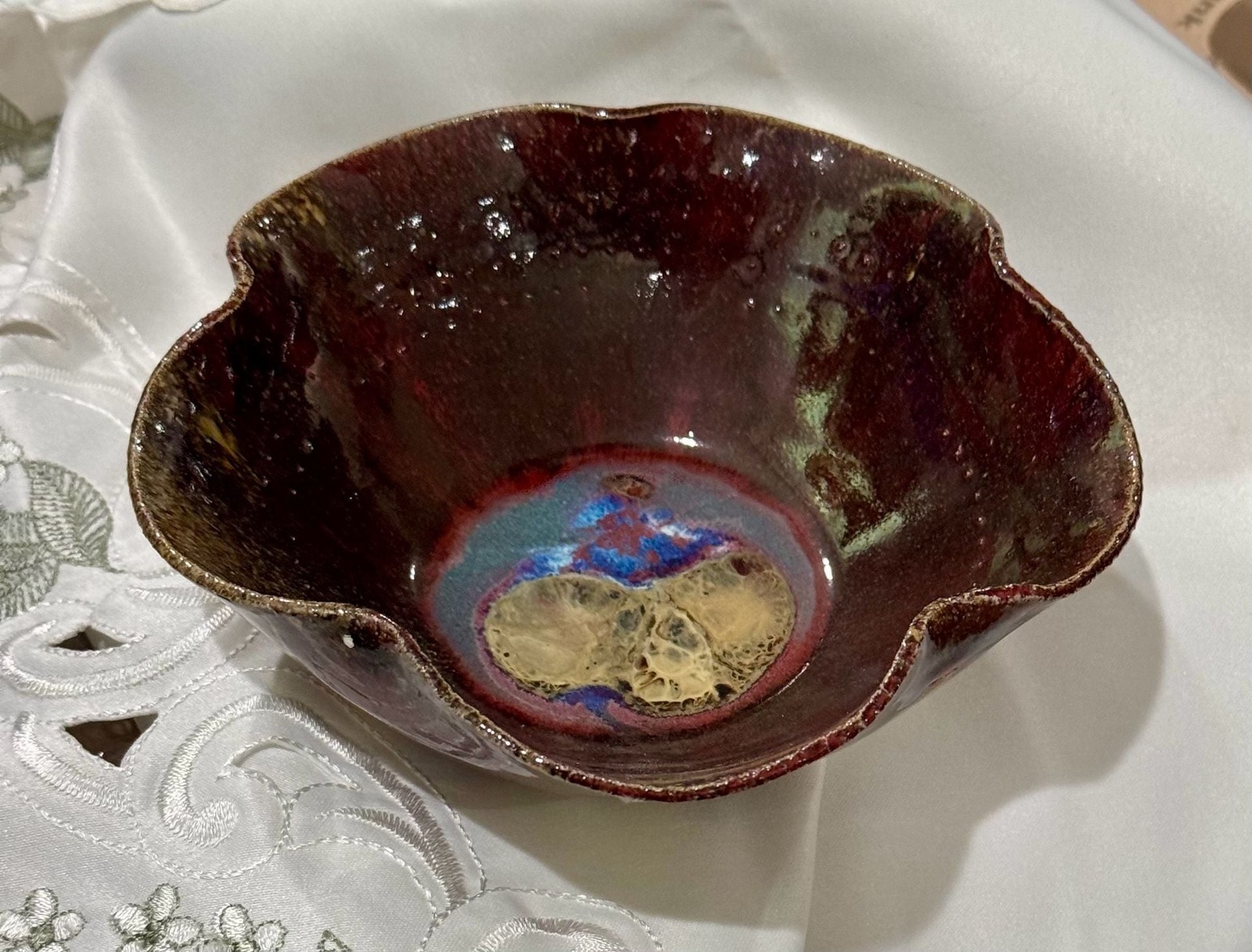 Artisan Handmade Ceramic Decorative Scalloped Bowl w/ Oxblood & Reactive Glaze gallery