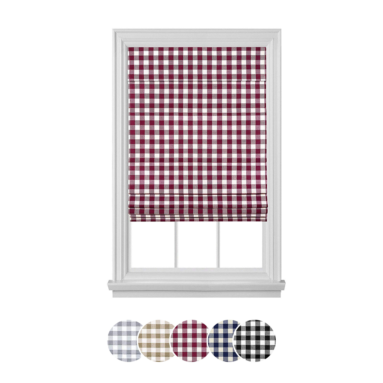 Blackout Cordless Retractable Check Plaid Gingham Taupe Window Roman Shades gallery