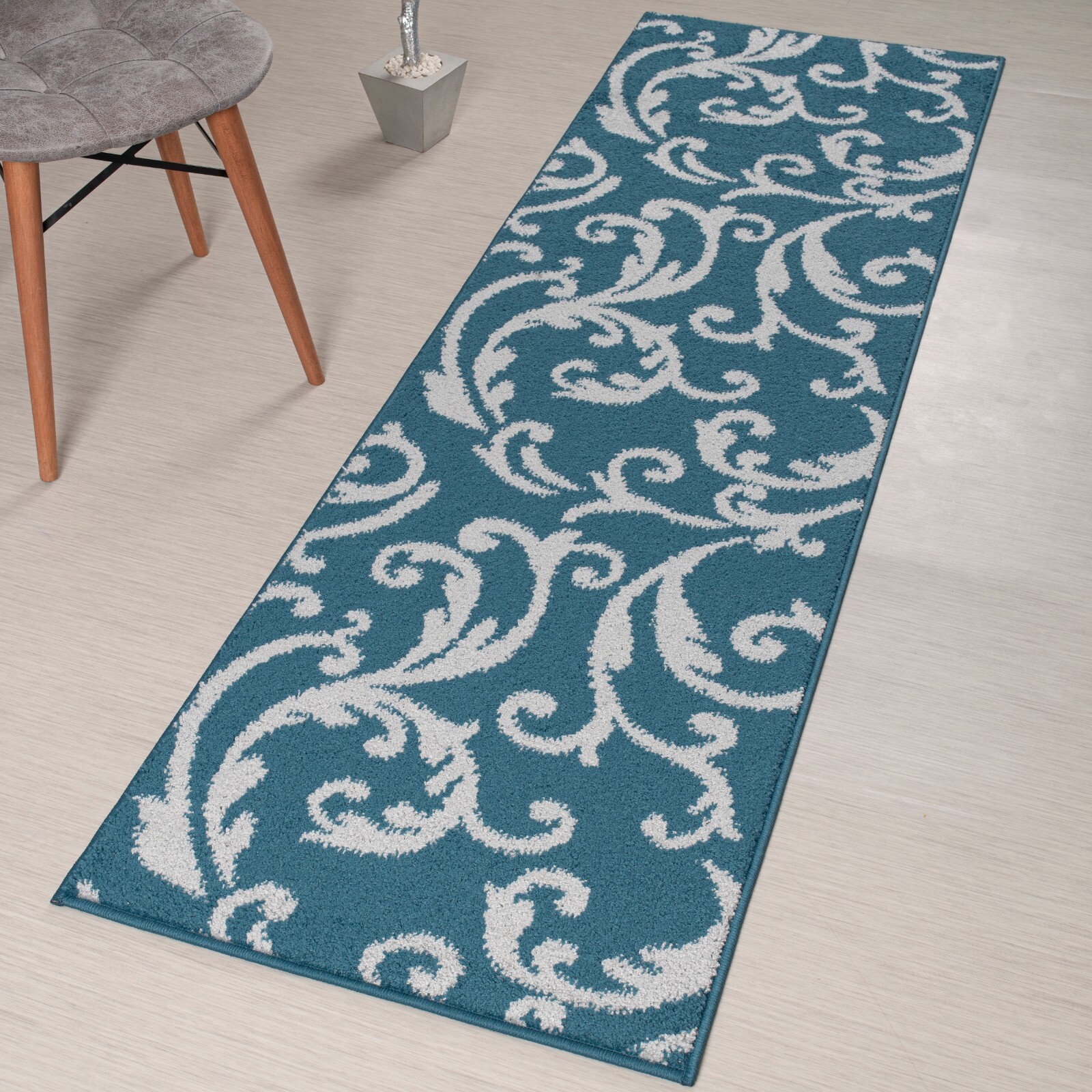 Custom Length Stair Hallway Carpet Runner Rug Non Slip Backing, Floral Blue gallery