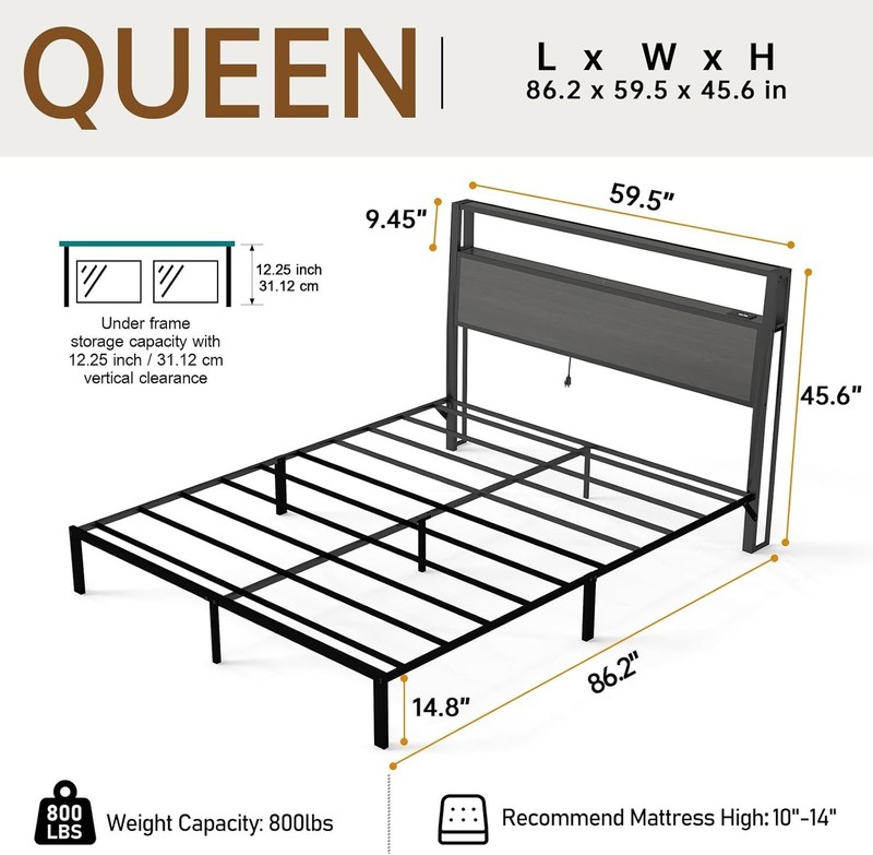 Queen Full Size Bed Frame with Storage Headboard &Charging Station＆ LED Lights gallery