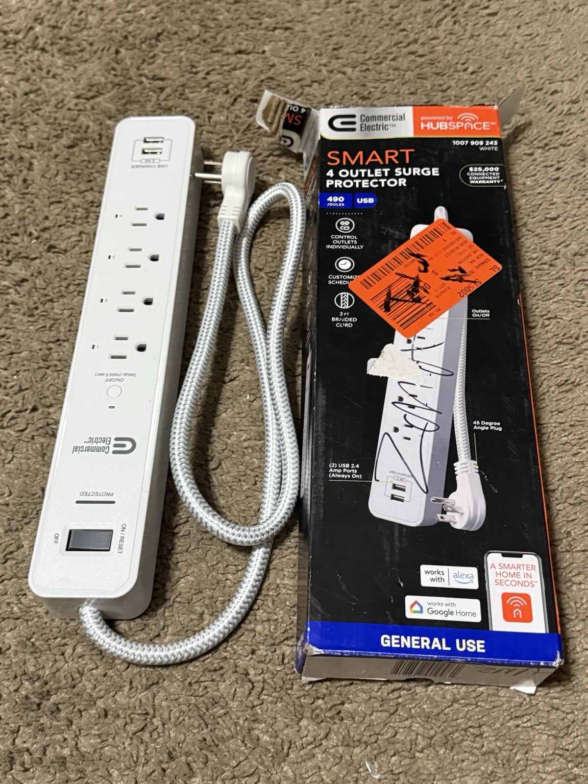 Commercial Electric 3 ft. 4-Outlet White Surge Protector Smart with USB Hubspace gallery