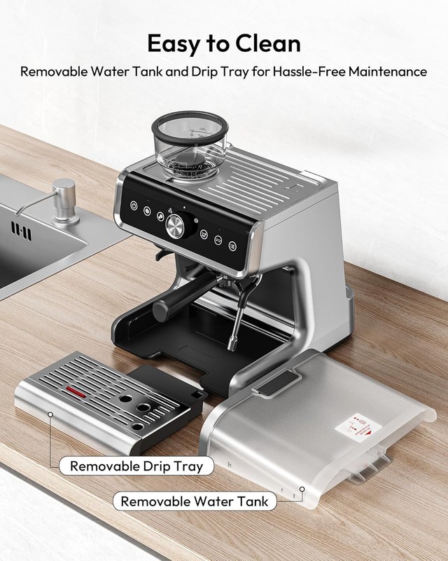 EUHOMY Espresso Machine with Grinder, 20 Bar Coffee Maker - Silver - Model CM002 gallery