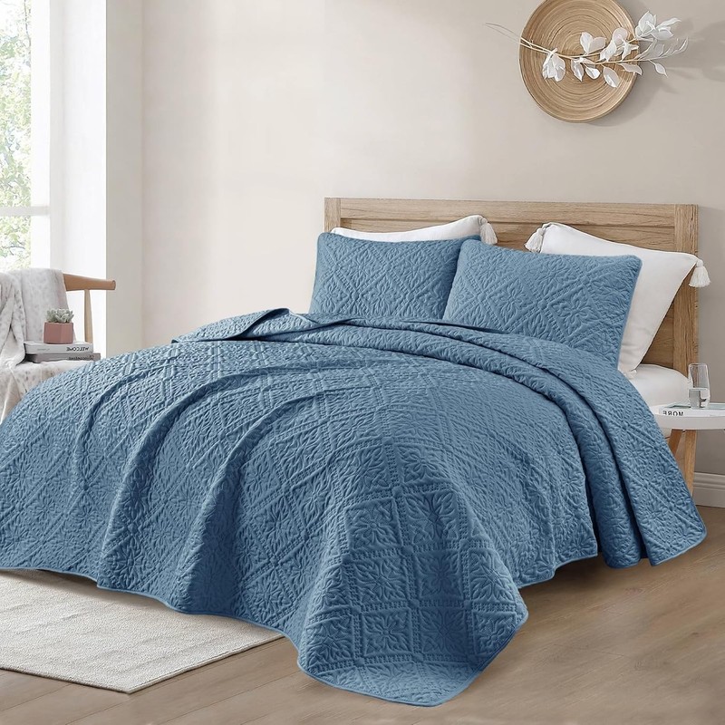 King Quilt Bedding Set Light Soft Modern Floral Gray Blue All Seasons gallery