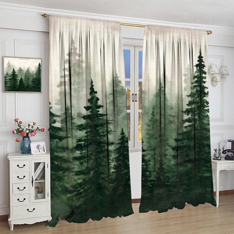 Forest Curtains for Kitchen,Vintage Rustic Watercolor Green Misty Nature Fore... gallery