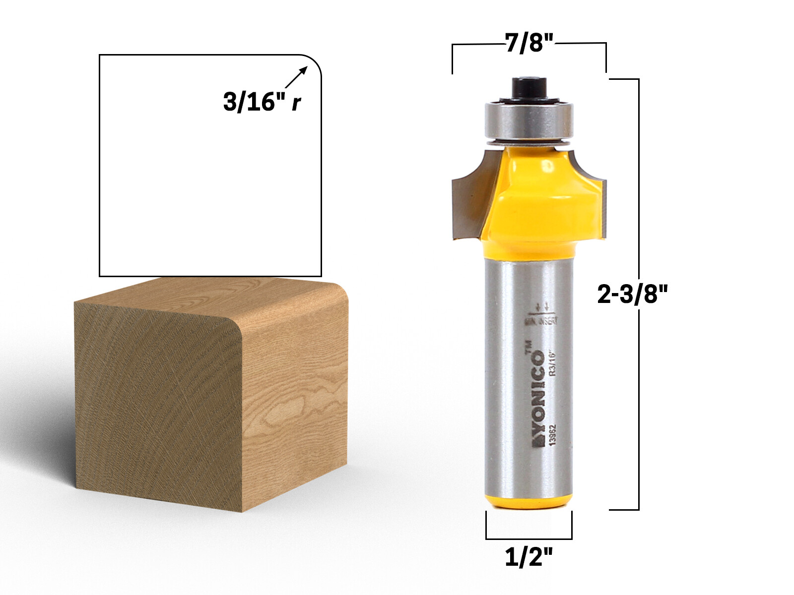 3/16" Radius Round Over Edge Forming Router Bit - 1/2" Shank - Yonico 13962 gallery