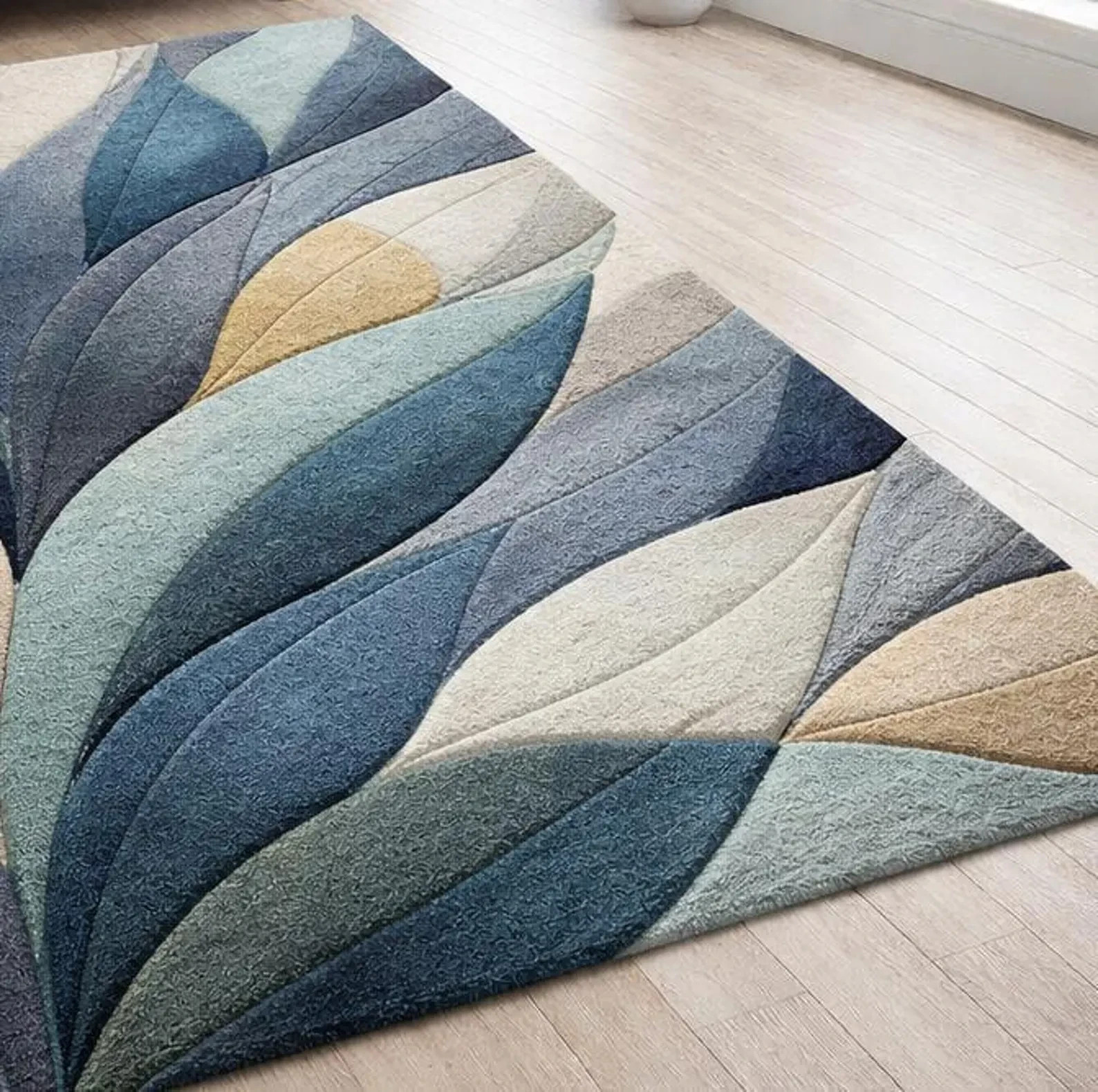 Hand Tufted Wool Area Rug, Abstract Leaf Design, Blue Beige Contemporary Carpet gallery