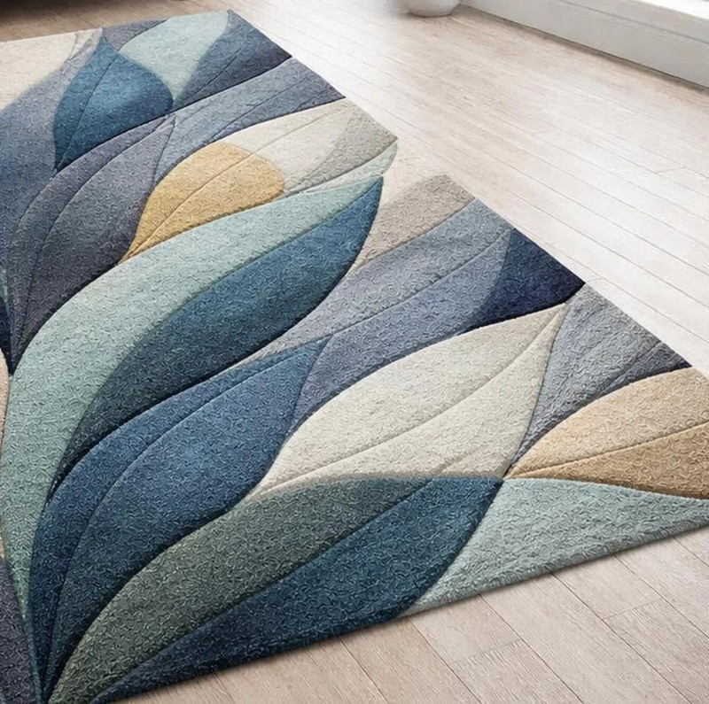 Hand Tufted Wool Area Rug, Abstract Leaf Design, Blue Beige Contemporary Carpet gallery