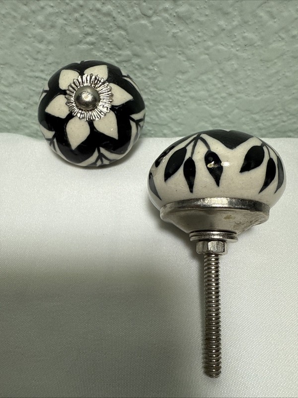 Vintage Ceramic Cabinet Drawer Knob Pulls Black Blue White Floral Geo Lot 19 gallery