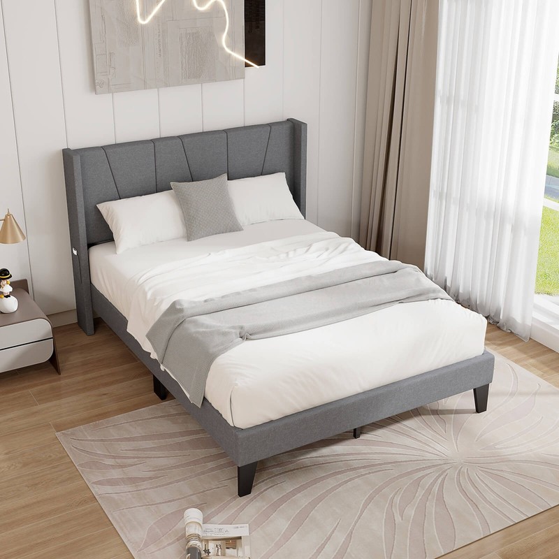 Full Size Upholstered Bed Frame with Elastic Pockets Mattress Foundation Gray gallery