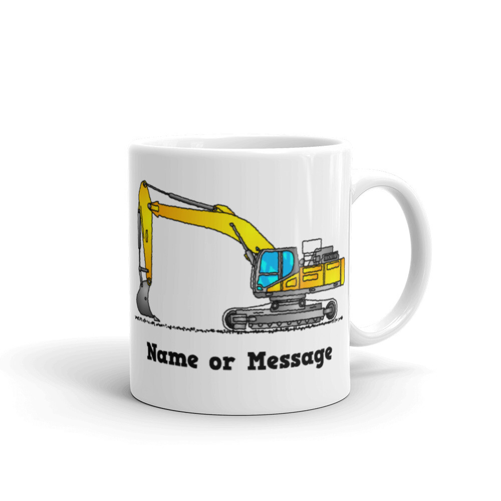 Personalized Excavator Mug. Coffee Mug with Yellow Excavator. Construction Favor