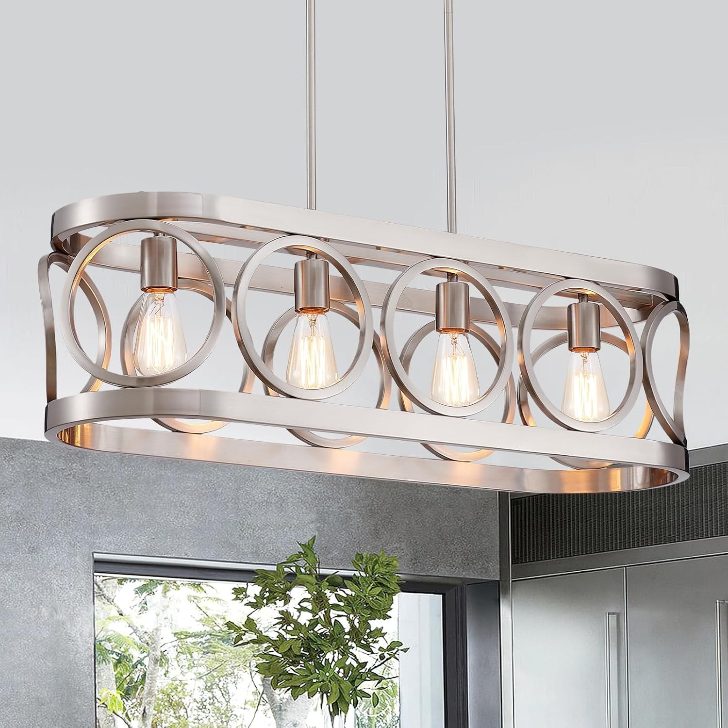 Kitchen Island Chandelier 4-Light Brushed Nickel Farmhouse Rectangle Pendant gallery
