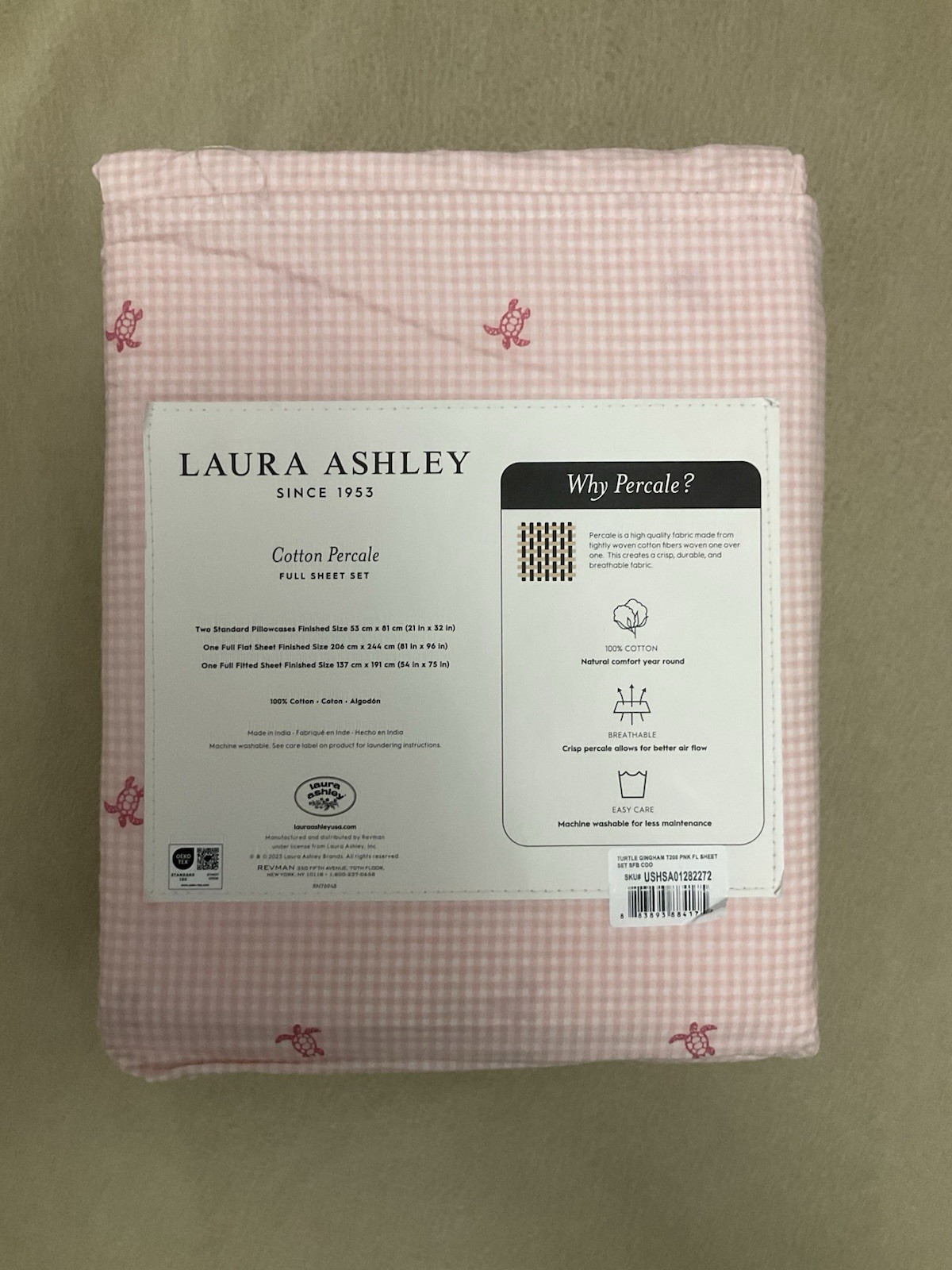 Laura Ashley Full Sheet Set Pink Gingham Print Cotton Percale NWT Turtles gallery