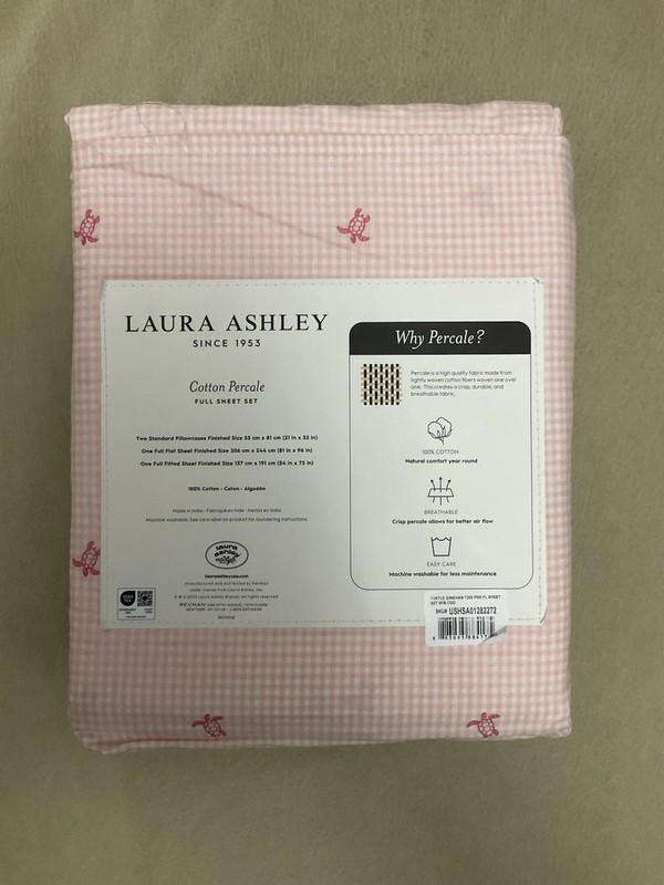 Laura Ashley Full Sheet Set Pink Gingham Print Cotton Percale NWT Turtles gallery
