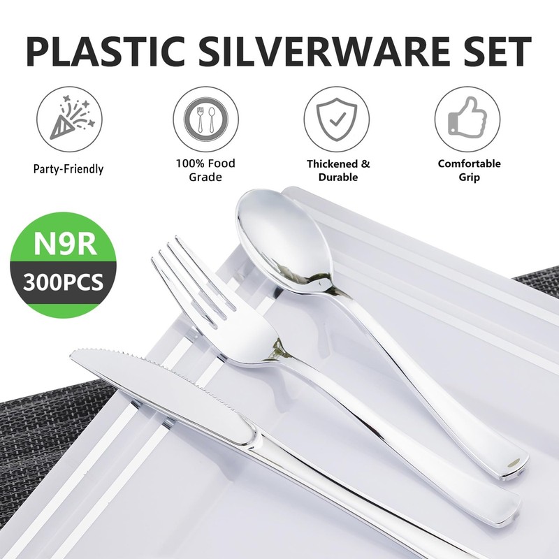 N9R 300PCS Silver Plastic Silverware Set, 100 Forks, Silver-300pcs, gallery