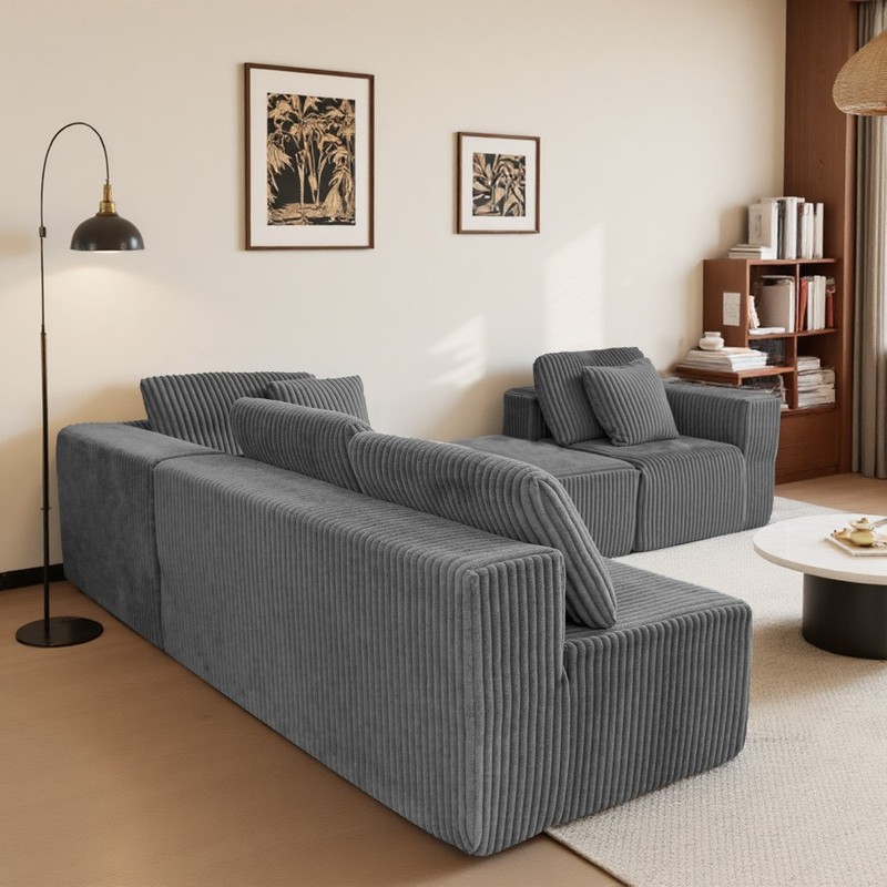132" Modular U-Shaped Sectional, Gray Striped Corduroy, Reversible Chaise gallery