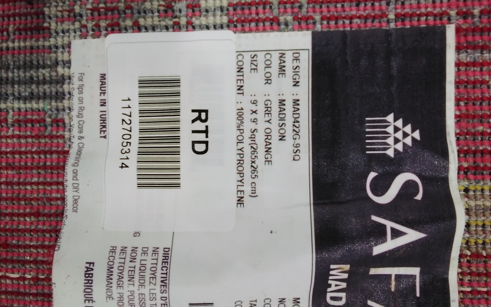 GREY /ORANGE 9' X 9' Square Back Stain Rug, Reduced Price 1172705314 MAD422G-9SQ gallery