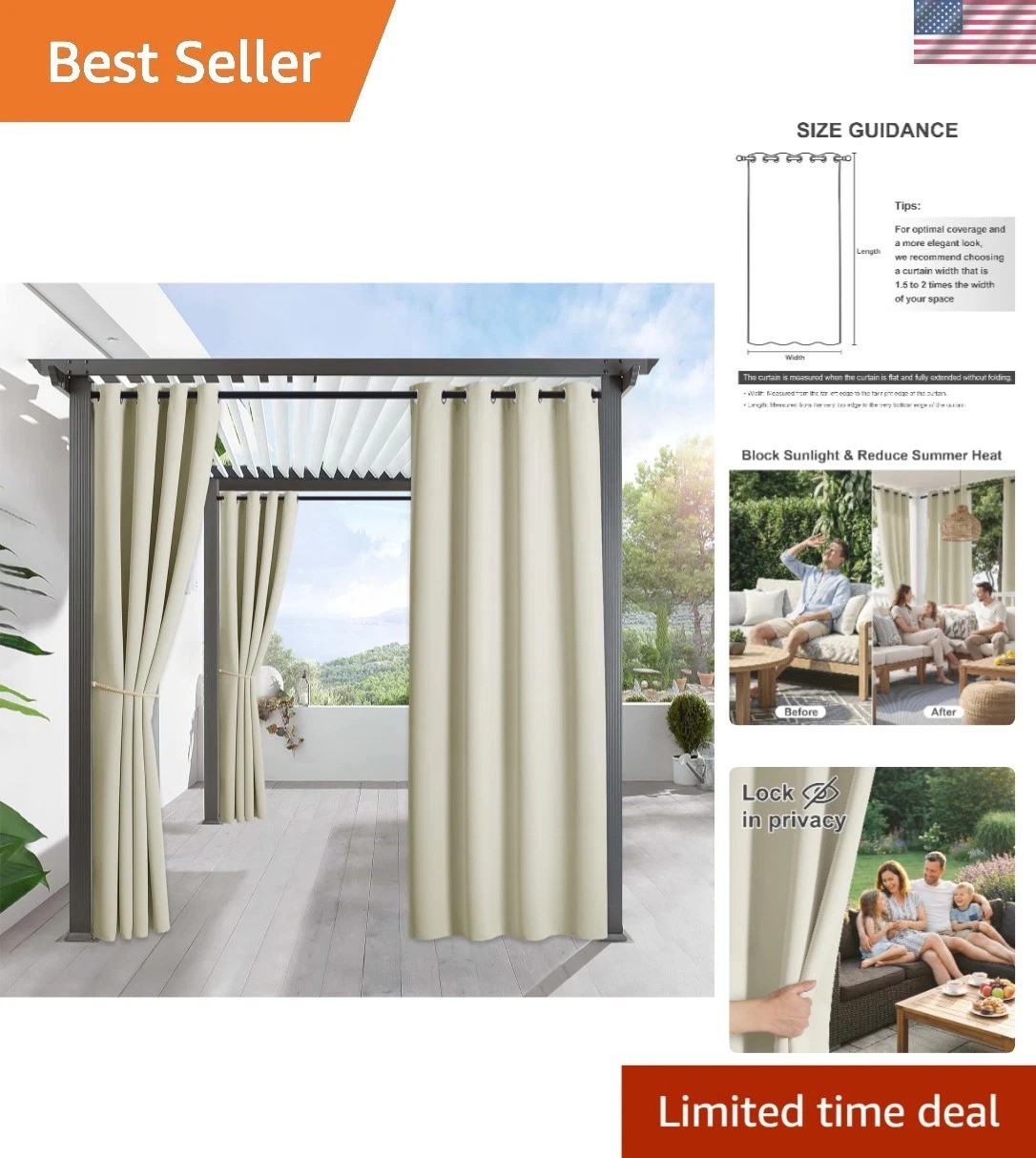 All-Season Outdoor Curtains - 1 Panel Beige, 52" W x 84" L Waterproof Shades gallery