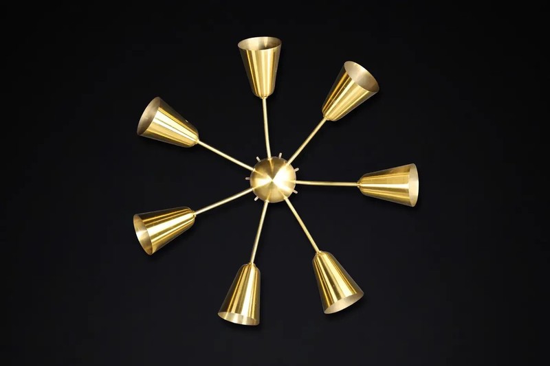 Italian Mid-Century Solid Brass Sputnik Chandelier 7 Lights Cone Shade by H D gallery