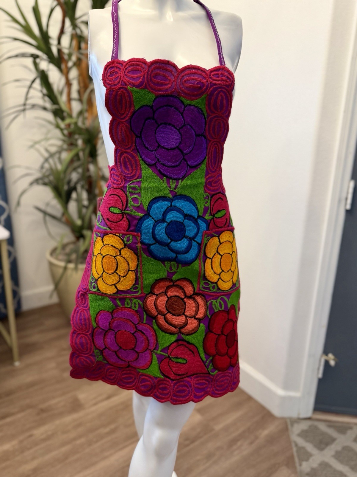 NEW Mexican Embroidered Bib Apron Vibrant Floral MAYA INKA Artisan Boho Folk Art gallery