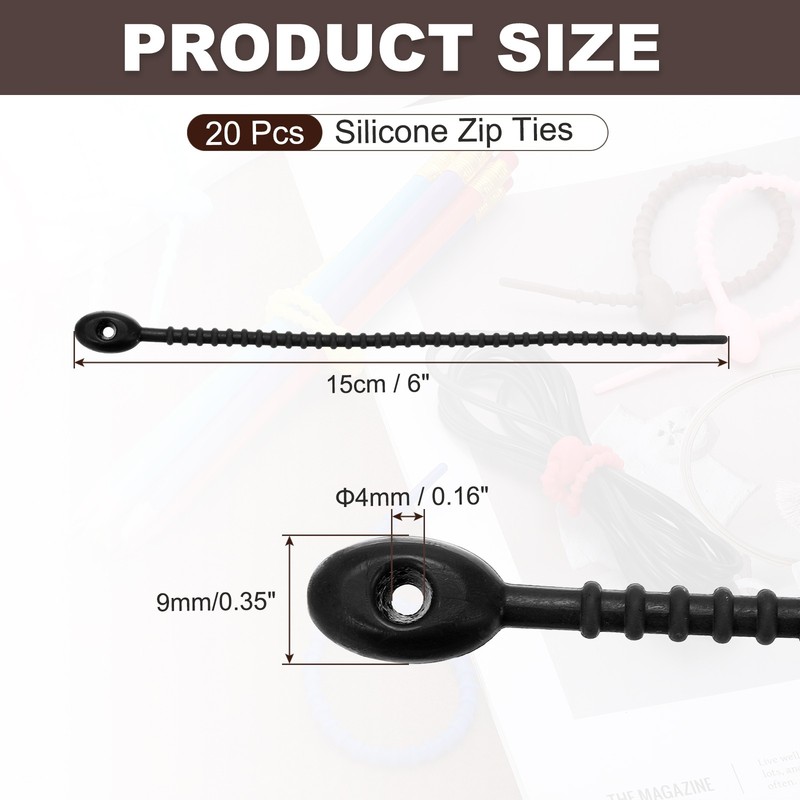 20pcs Silicone Cable Ties 6" Rubber Reusable Twist Zip Ties Black gallery