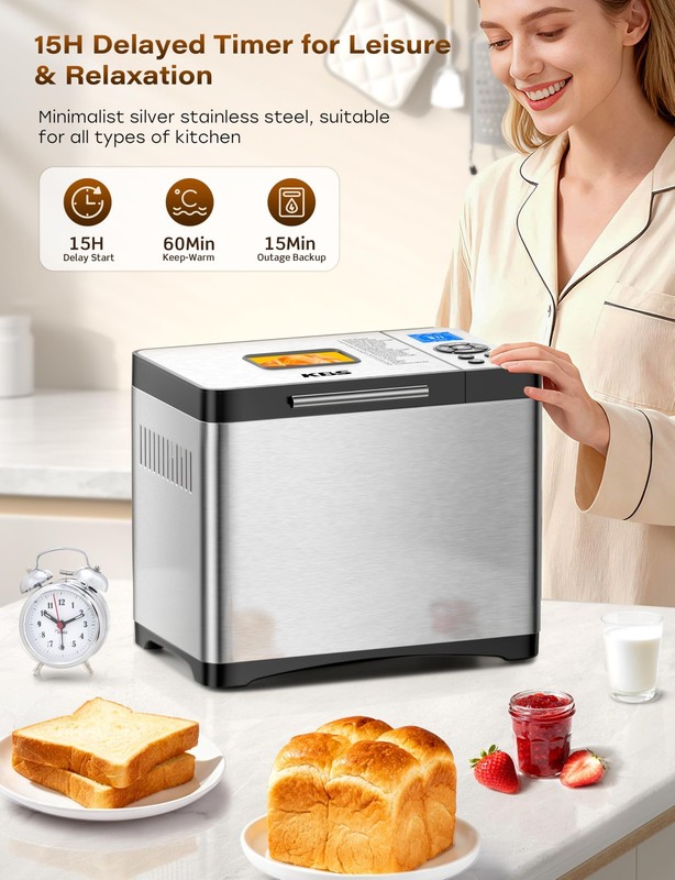 KBS 2LB 19-in-1 Programmable Bread Maker, Stainless Steel Bread Machine with gallery