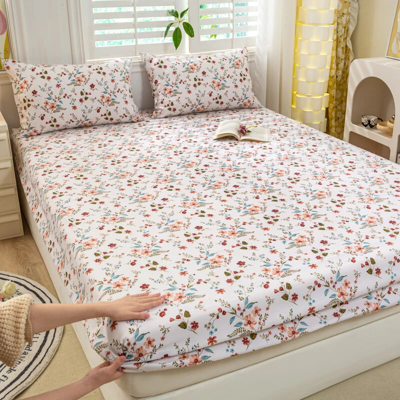 Bed Sheet with Elastic Washed Cotton Flower Printed Fitted Sheet Mattress Cover gallery