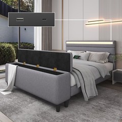 Upholstered Bed Frame with Storage Ottoman, LED Platform Bed with Headboard