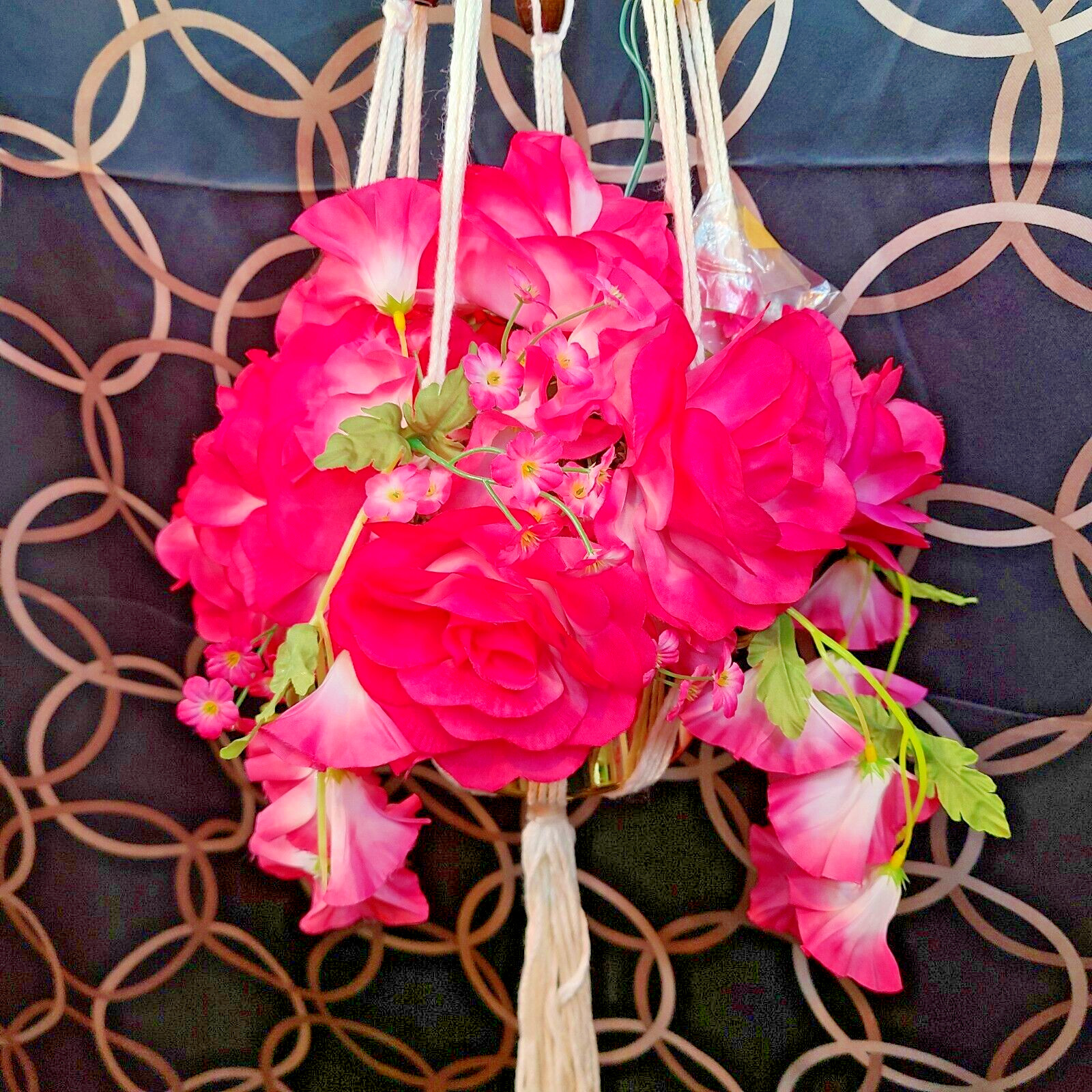 Hanging Plant Faux Red Flowers Macrame Lighted 46" Vintage Retro Decor see video gallery