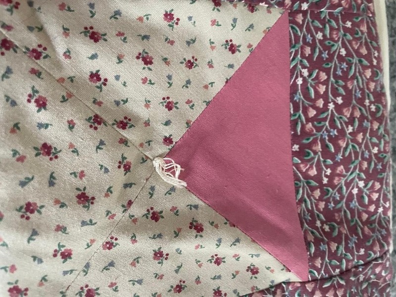 VTG Handmade Patchwork Quilted Table Runner 38"x18"~Hand Tied~Pink/Beige/Green gallery