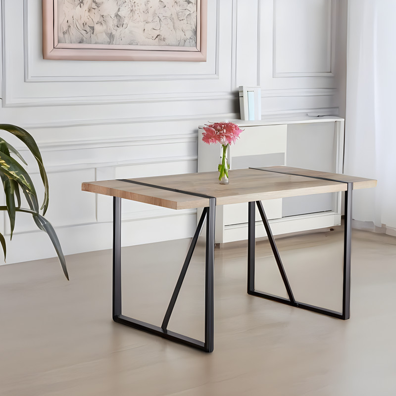 55" MDF Wood Dining Table Set with 4 Linen Dining Chairs Mid Century Modern gallery
