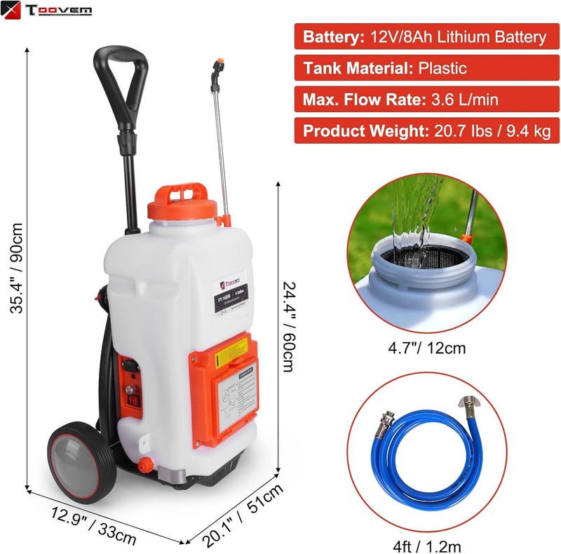 TOOVEM Battery Powered Backpack Sprayer w/ Wheel 4 Gal Tank 0-94 PSI Adjustable gallery