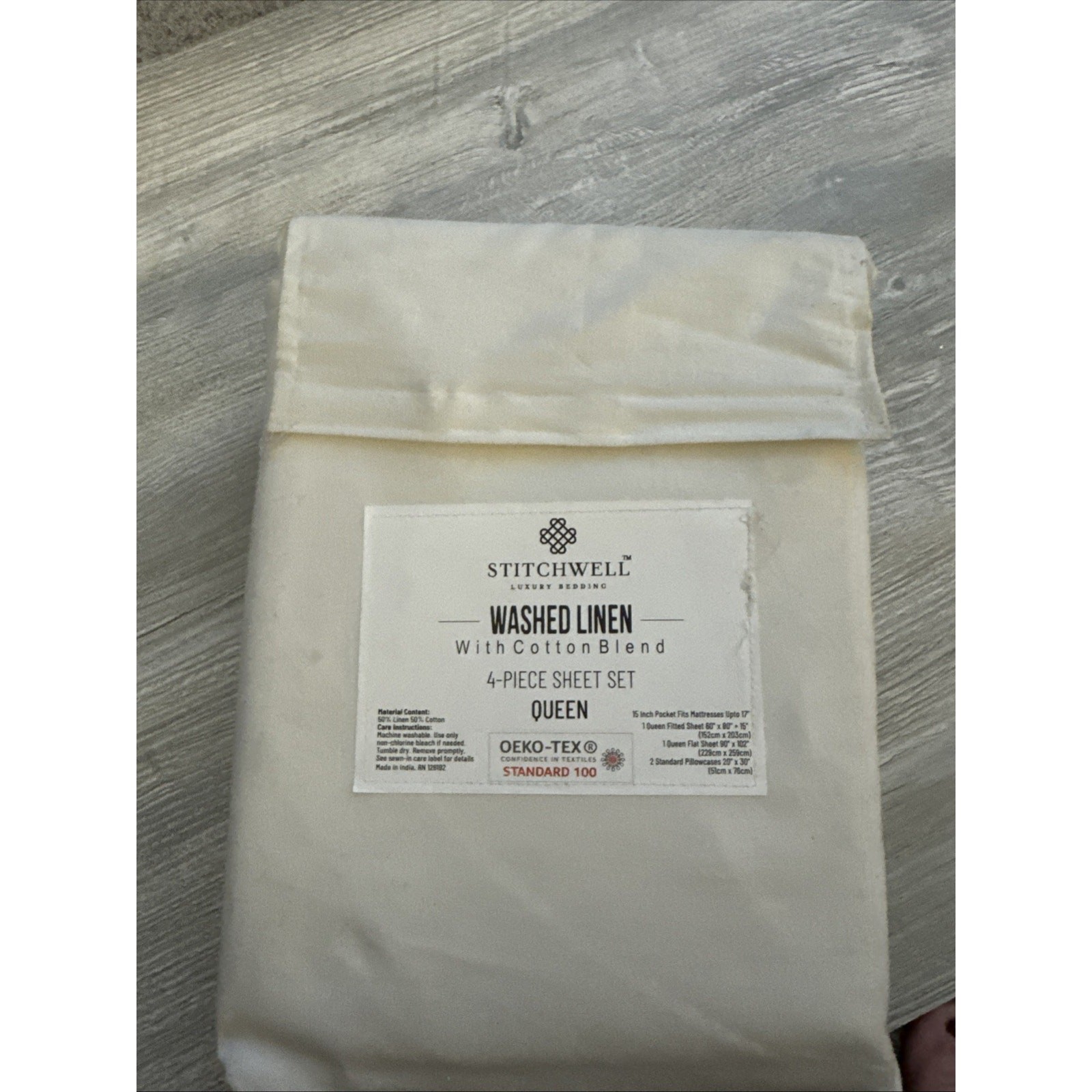 STITCHWELL Linen Cotton Blend Washed WHITE Sheet Set - QUEEN (fits 17" mattress) gallery