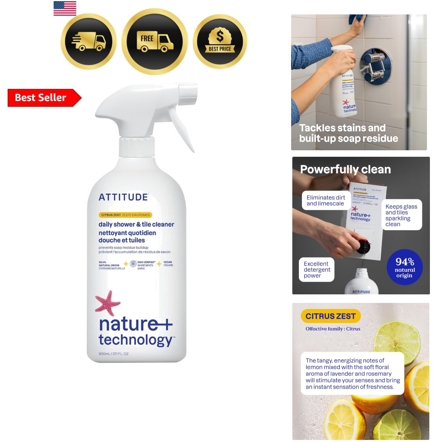 Shower & Tile Cleaner Spray, EWG Verified, Bathroom Cleaner Removes Soap Scum... gallery