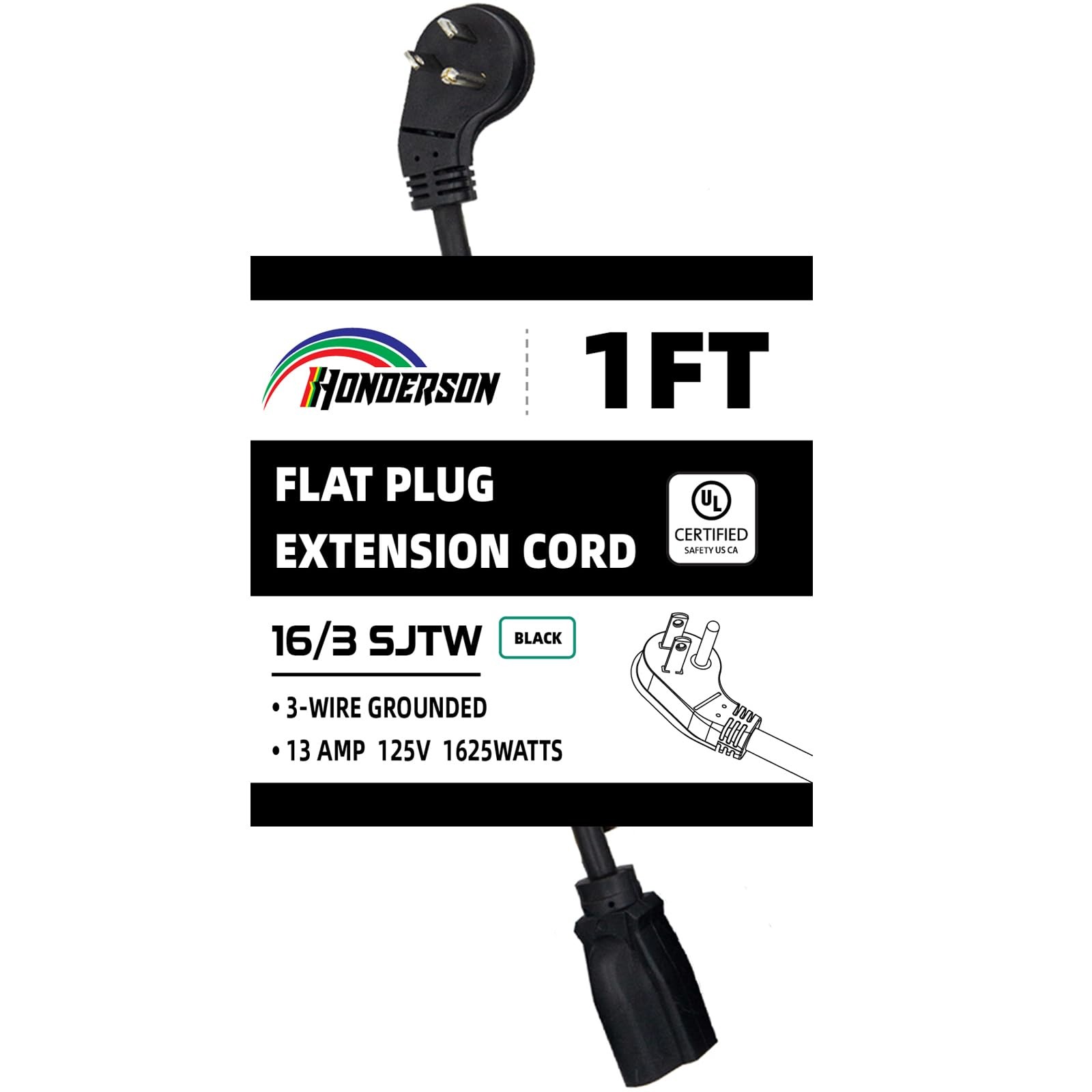 HONDERSON Flat Plug Indoor Extension Cord, UL Certified, 16 Gauge 1FT Black 3... gallery