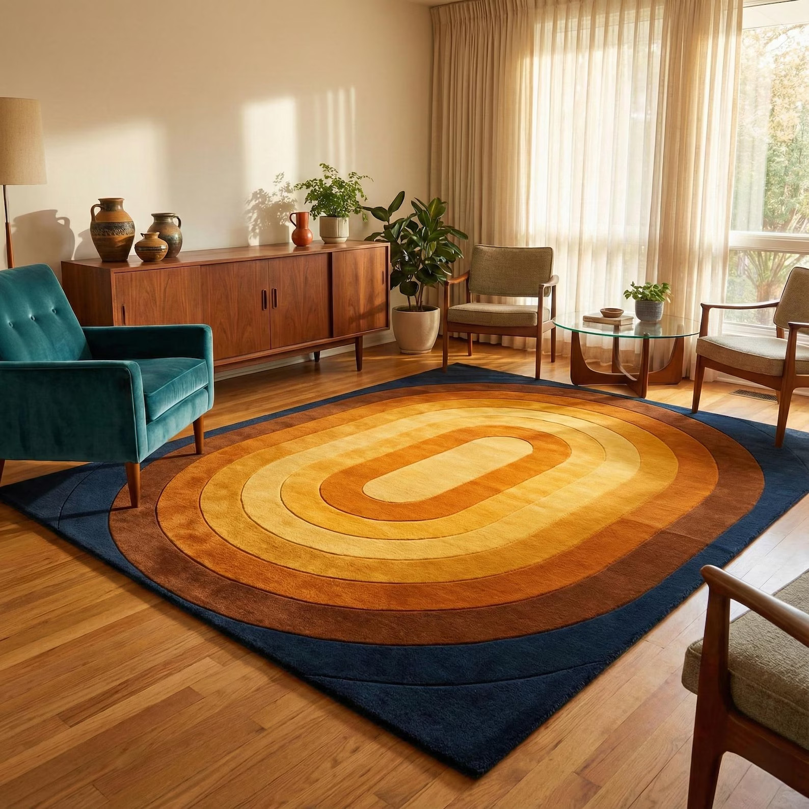 Mid-Century Modern Rug - Deep Navy & Burnt Orange Sunset Rug - High-Low Textured gallery